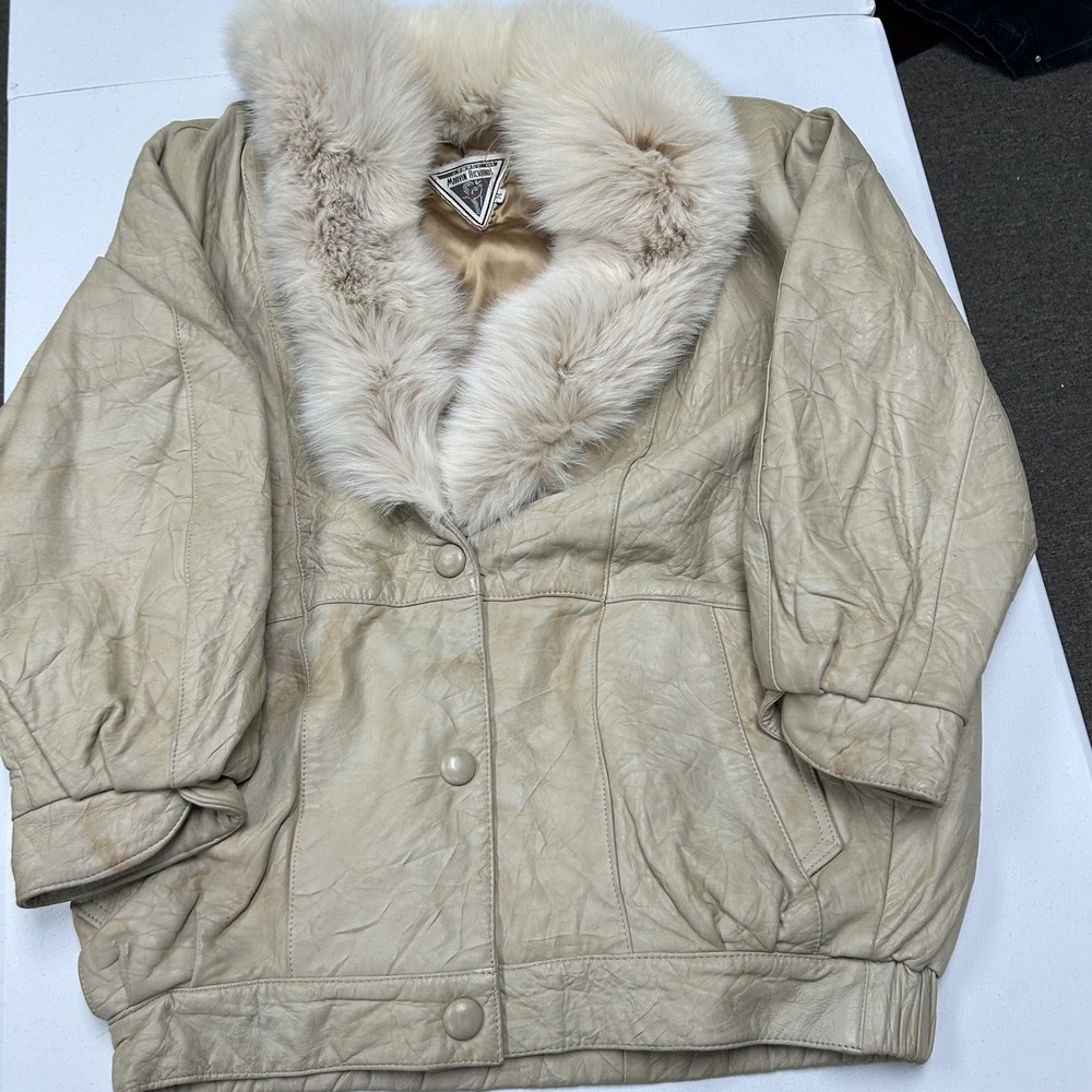 J. Percy Marvin Richards Leather Jacket Womens M Tan Good Faux Fur Collar Retro